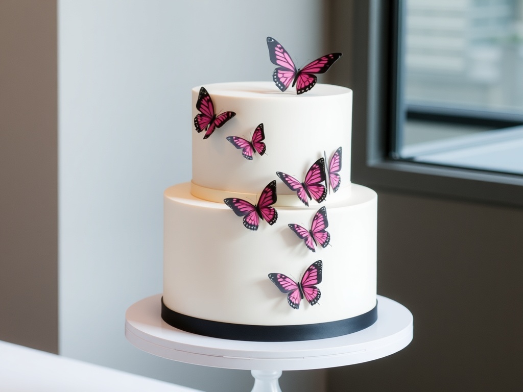 A geometric tiered butterfly cake with pink and white colors, featuring fondant butterflies.