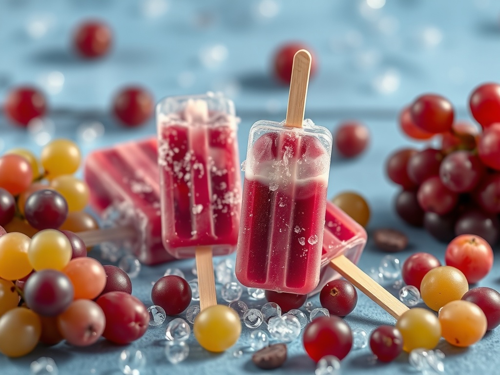 Colorful grape fizz popsicles surrounded by fresh grapes on a blue background.