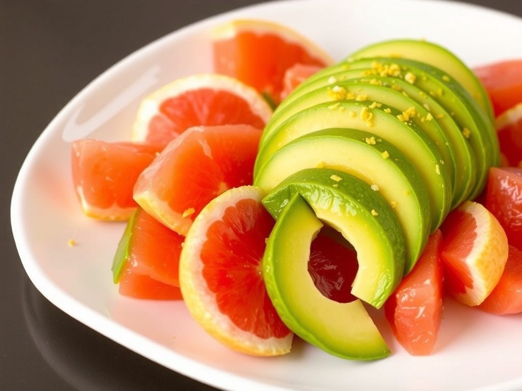 A colorful plate of grapefruit slices and avocado, garnished with mint leaves.
