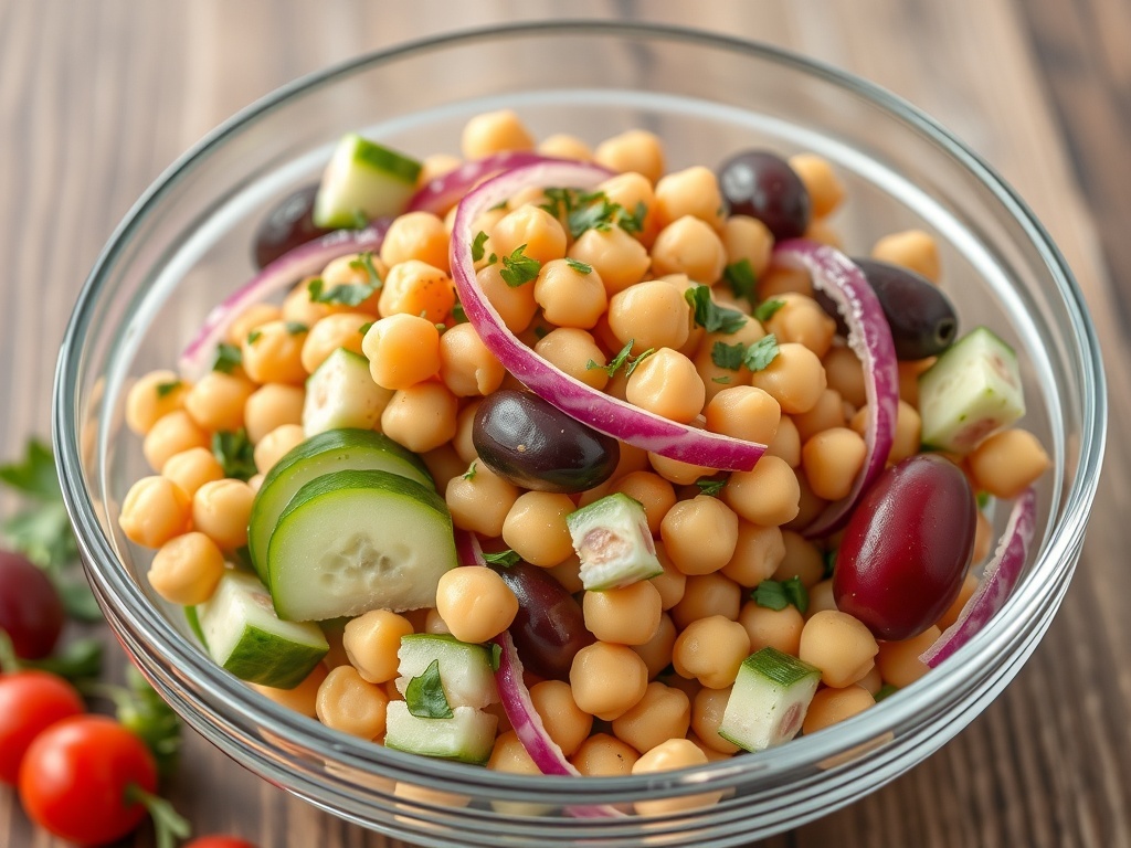 A colorful bowl of Greek Chickpea Salad with chickpeas, cucumbers, olives, and red onion.