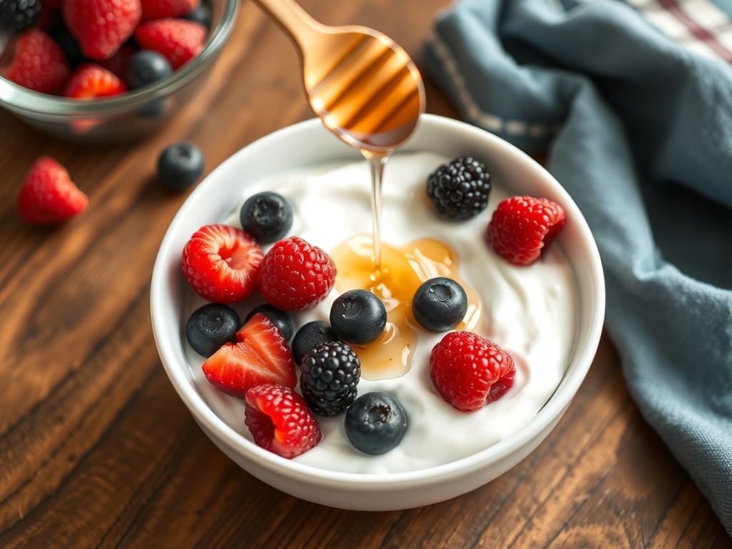 A bowl of Greek yogurt topped with fresh berries and honey on a wooden table.