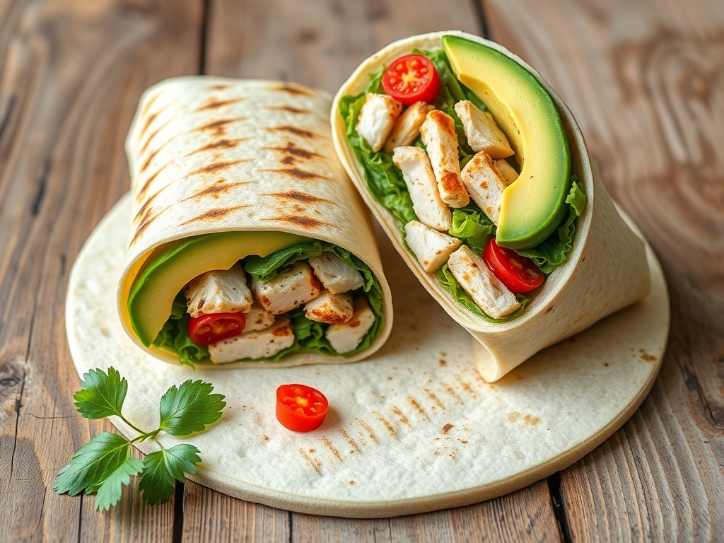 Grilled chicken and avocado wrap with fresh ingredients