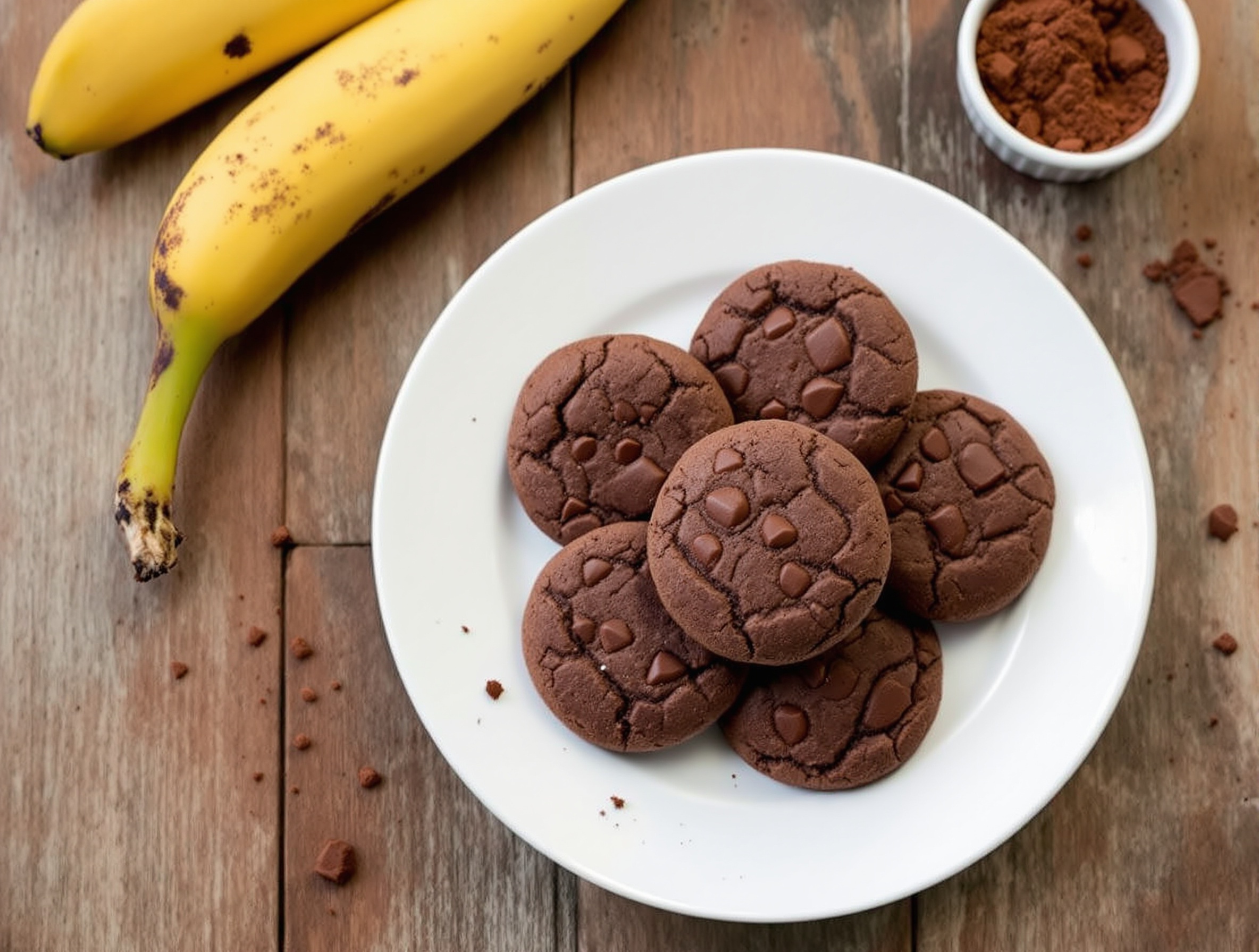 A plate of sugar-free banana cocoa cookies on a wooden table, with a banana and cocoa powder in the background.