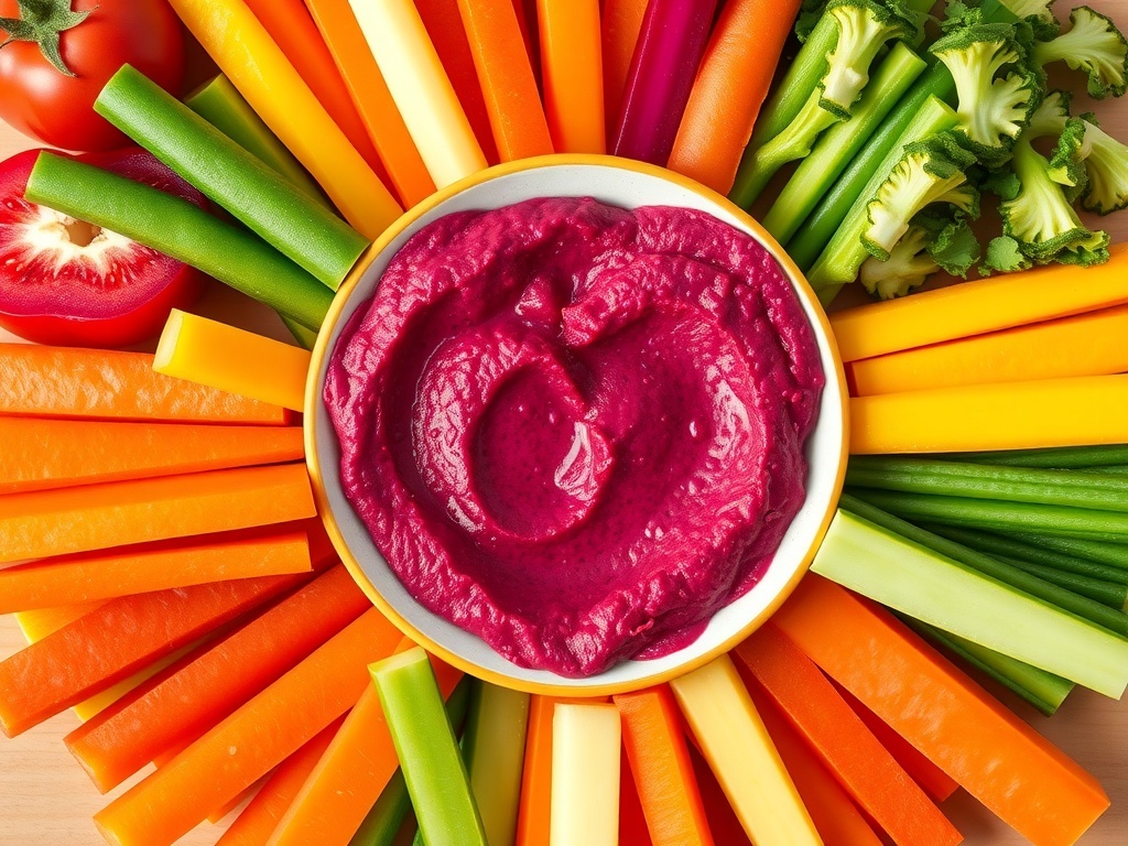 A bowl of heart-shaped beetroot hummus surrounded by colorful fresh vegetables.