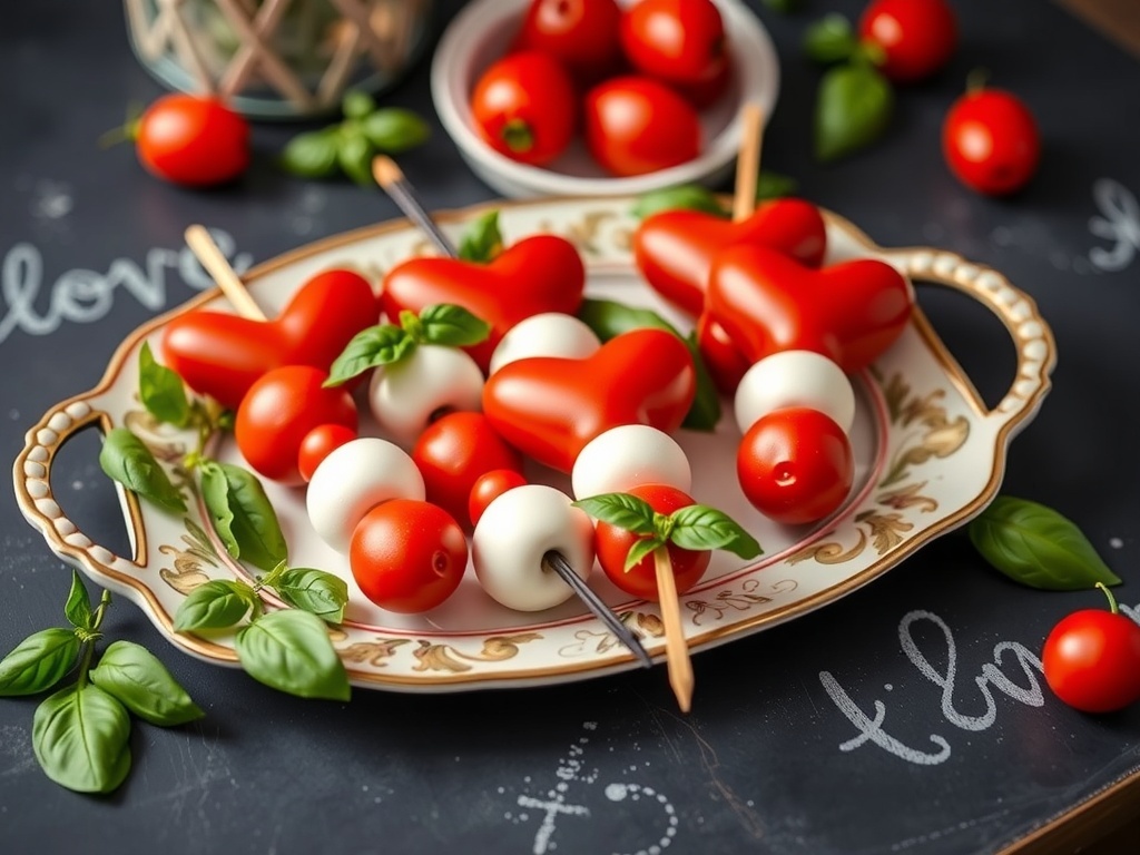 Heart-shaped Caprese skewers with cherry tomatoes, mozzarella, and basil on a platter.