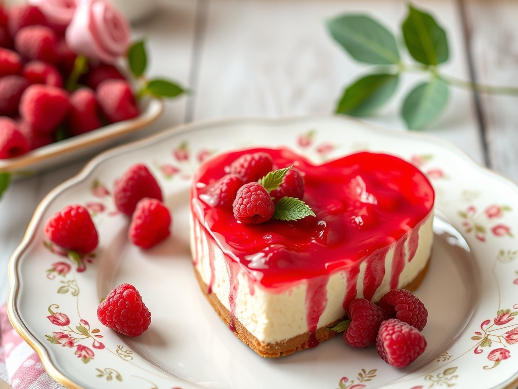 Heart-shaped raspberry cheesecake on a decorative plate with fresh raspberries