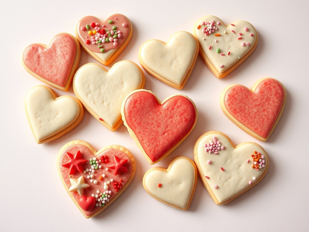 Heart-shaped sugar cookies decorated with icing and sprinkles