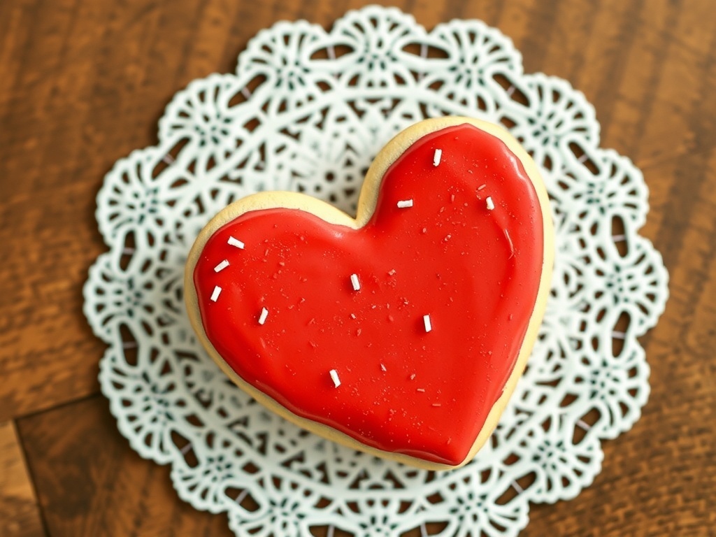 Heart-shaped velvet cookie with red icing and sprinkles on a lace doily.