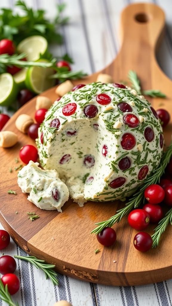 A herbed goat cheese sphere coated with cranberries, displayed on a wooden board with fresh herbs and lime slices.