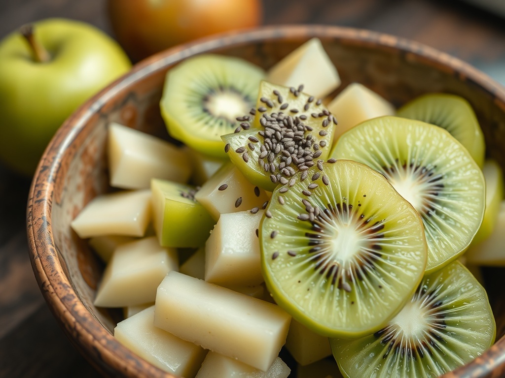 A colorful bowl of kiwi and green apple slices topped with chia seeds.