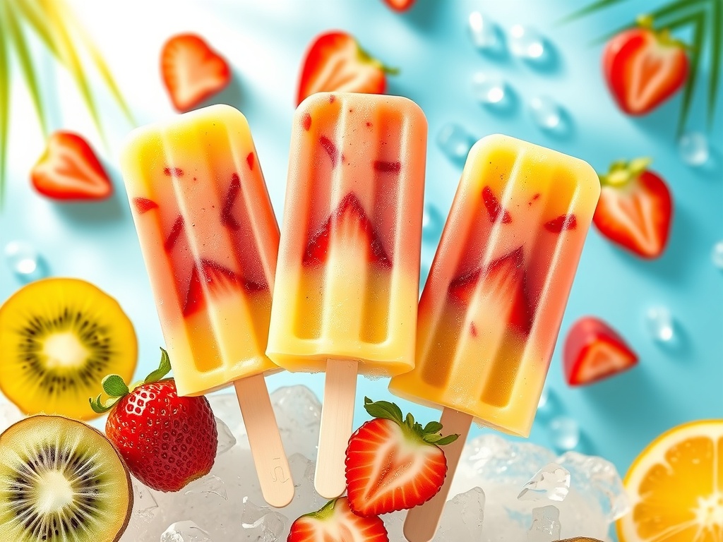 Colorful kiwi and strawberry popsicles on ice with fresh fruit around them.