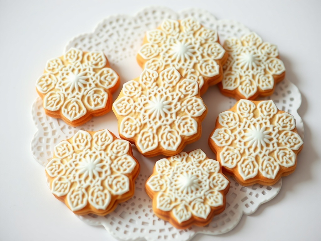 Lace and doily inspired royal icing cookies arranged on a decorative plate.