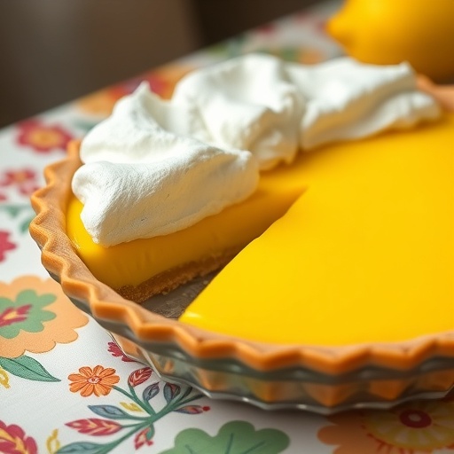 A slice of lemon meringue pie with a golden crust and fluffy meringue topping on a floral tablecloth.