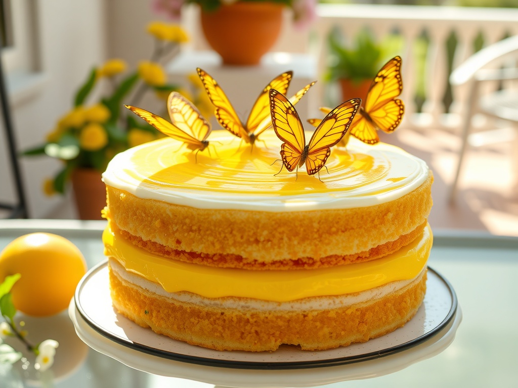 A lemon zest butterfly cake with yellow layers and butterfly decorations on top.
