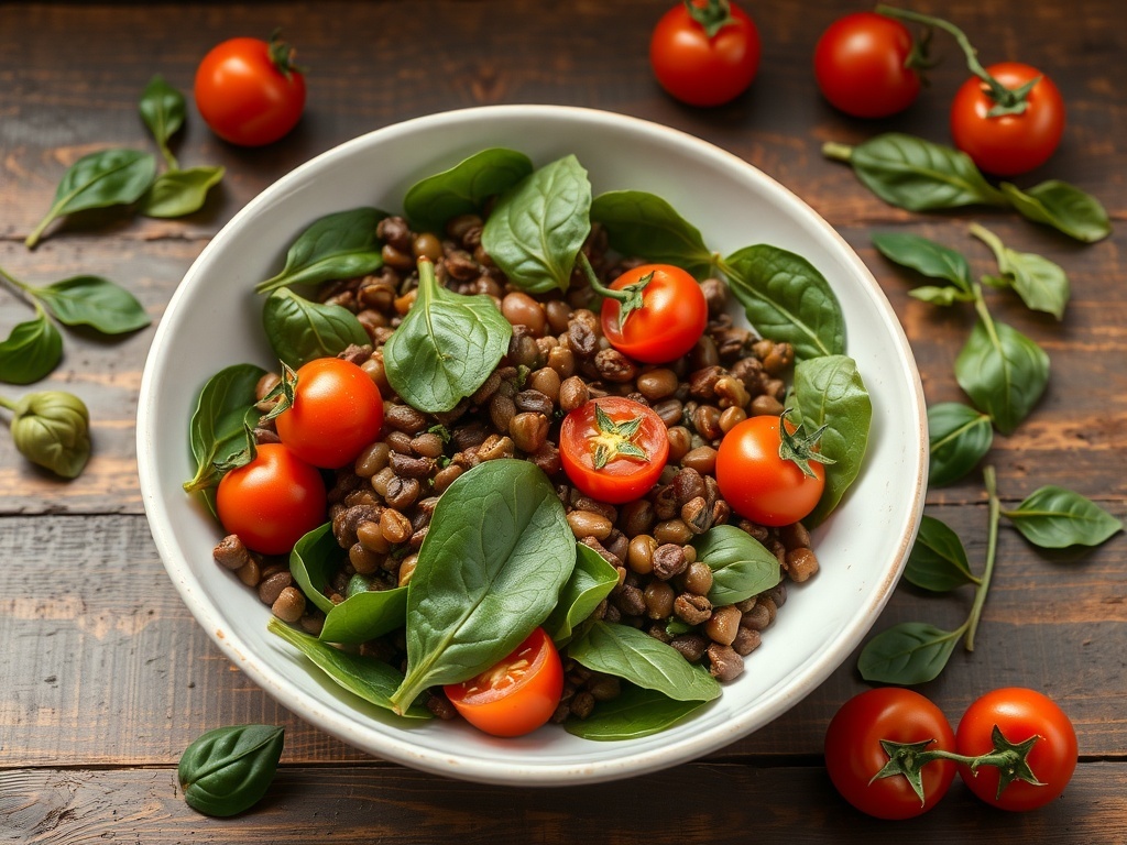 A bowl filled with lentils, fresh spinach, and cherry tomatoes on a wooden table.