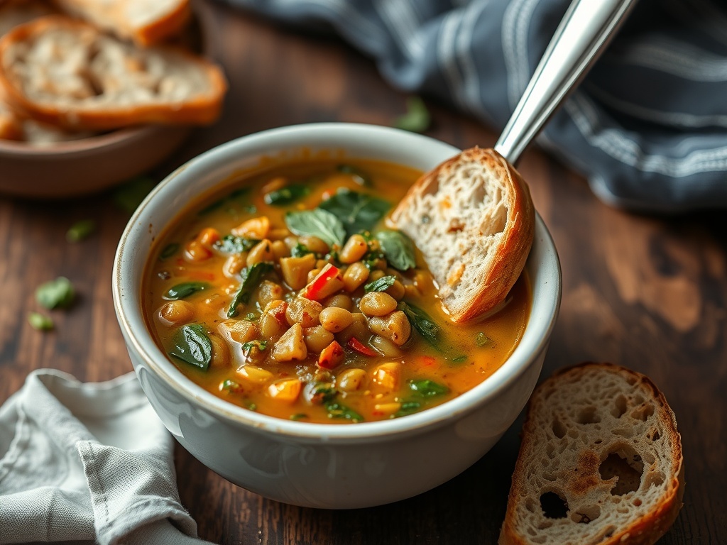 A bowl of lentil soup with spinach and a slice of bread on the side.