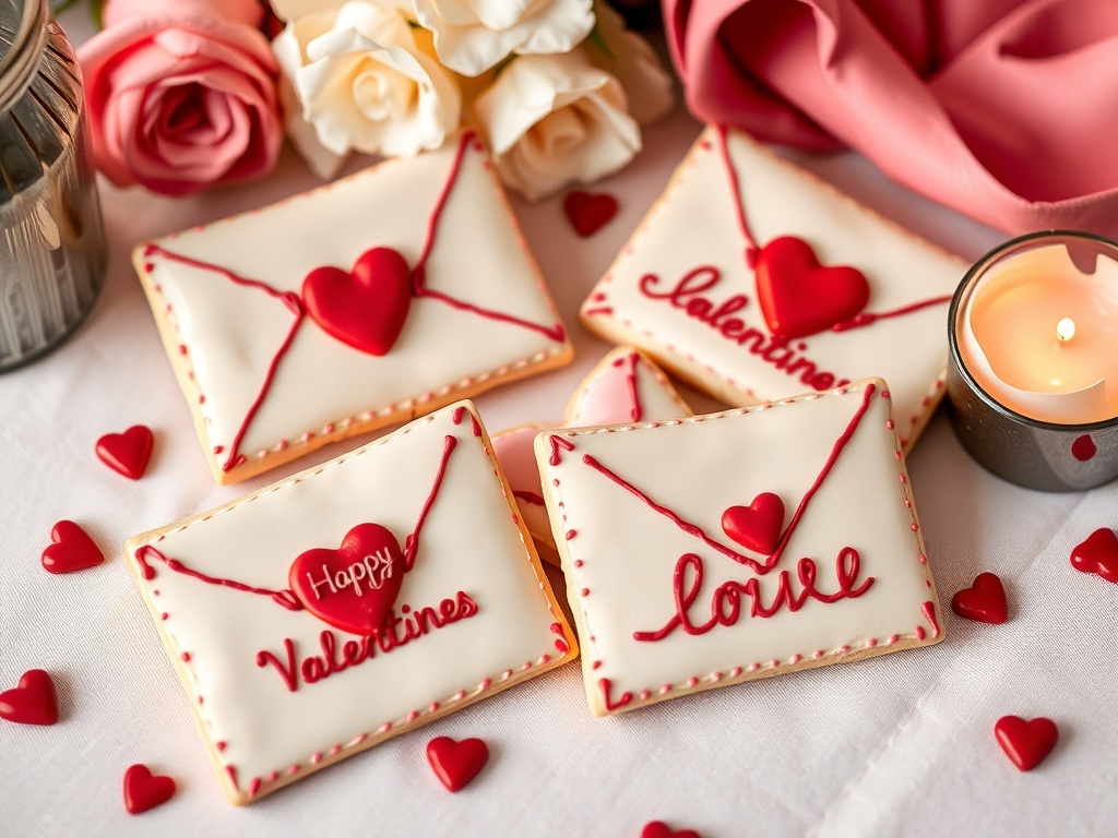 Decorated royal icing cookies shaped like love letter envelopes with messages.