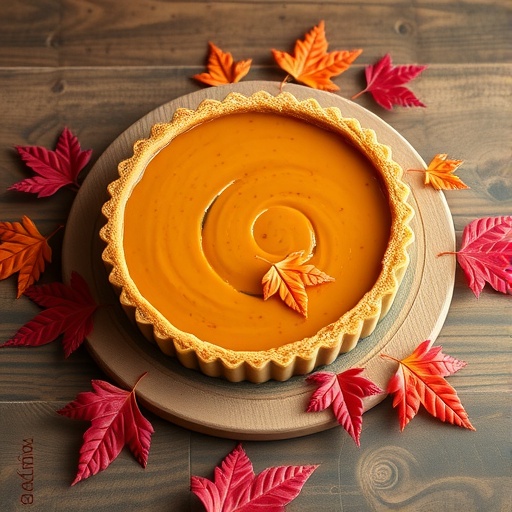 A beautifully baked Maple Pumpkin Tart surrounded by colorful autumn leaves.