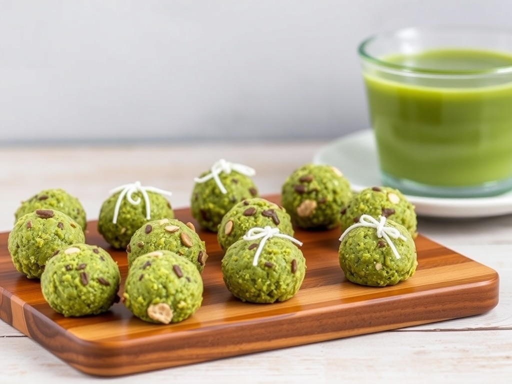 Matcha green tea protein bites on a wooden plate with a cup of matcha tea