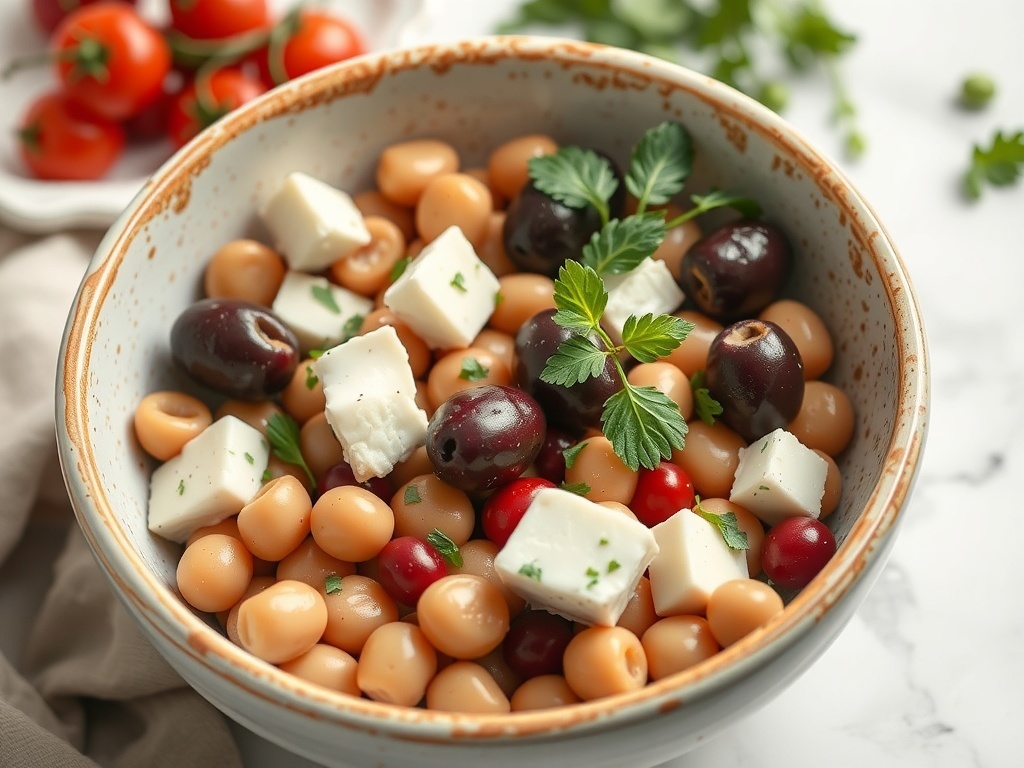 A colorful Mediterranean bean salad with chickpeas, kidney beans, cherry tomatoes, feta cheese, and olives.