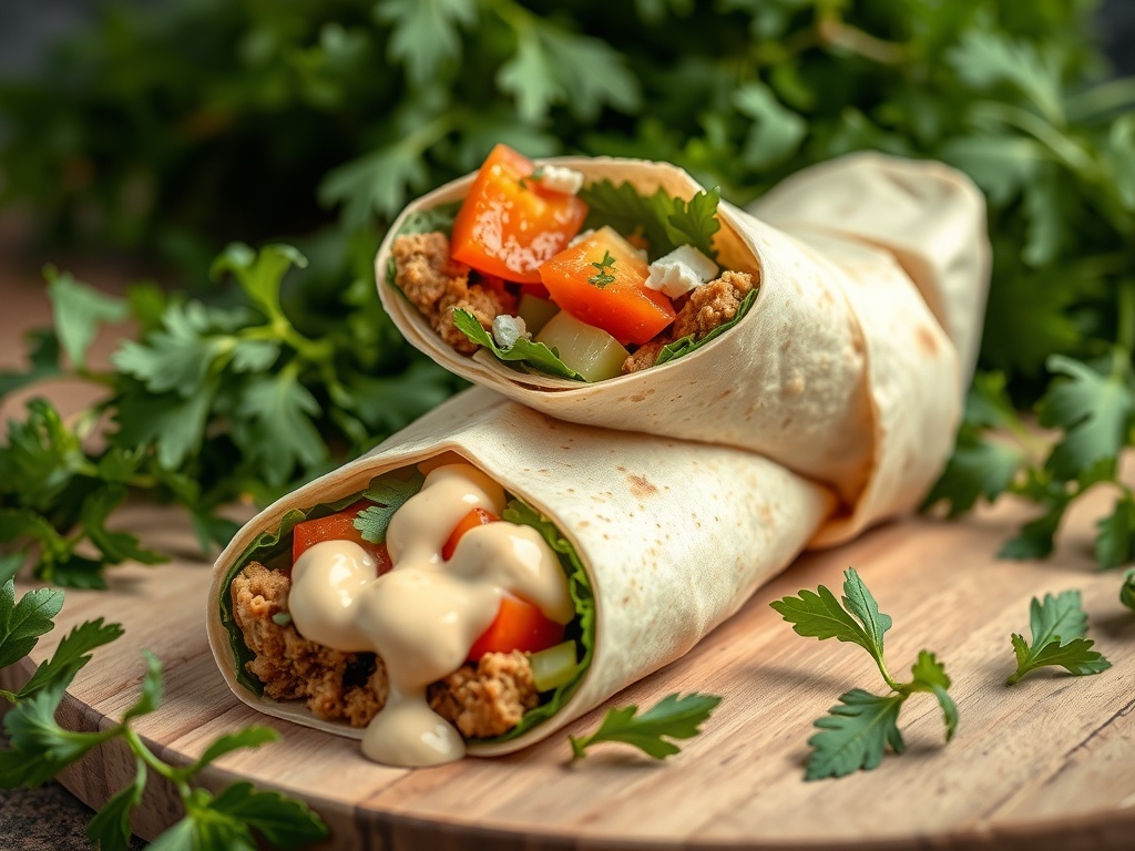 A Mediterranean falafel wrap with fresh vegetables and tahini sauce
