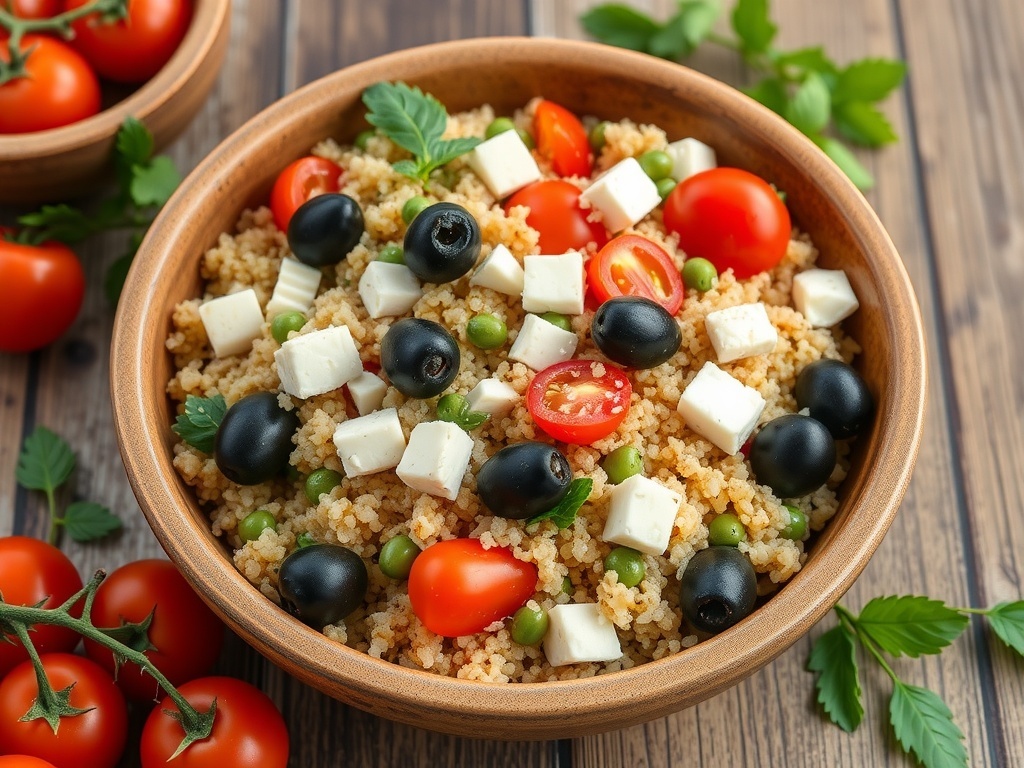 A bowl of colorful Mediterranean quinoa salad with cherry tomatoes, black olives, and feta cheese.