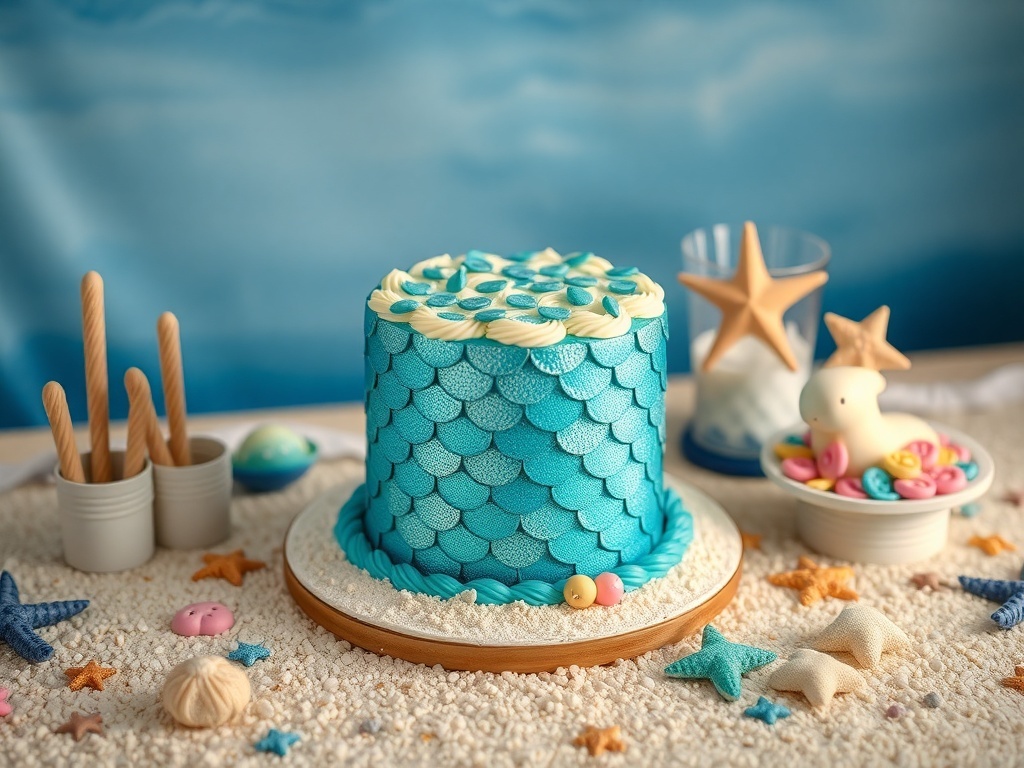 A beautifully decorated mermaid tail cake with blue scales and ocean-themed decorations.