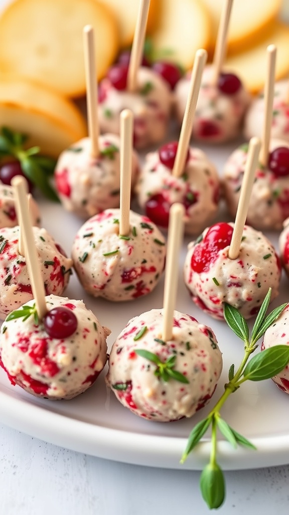 A platter of mini cranberry cheeseball bites with toothpicks, garnished with herbs and cranberries.