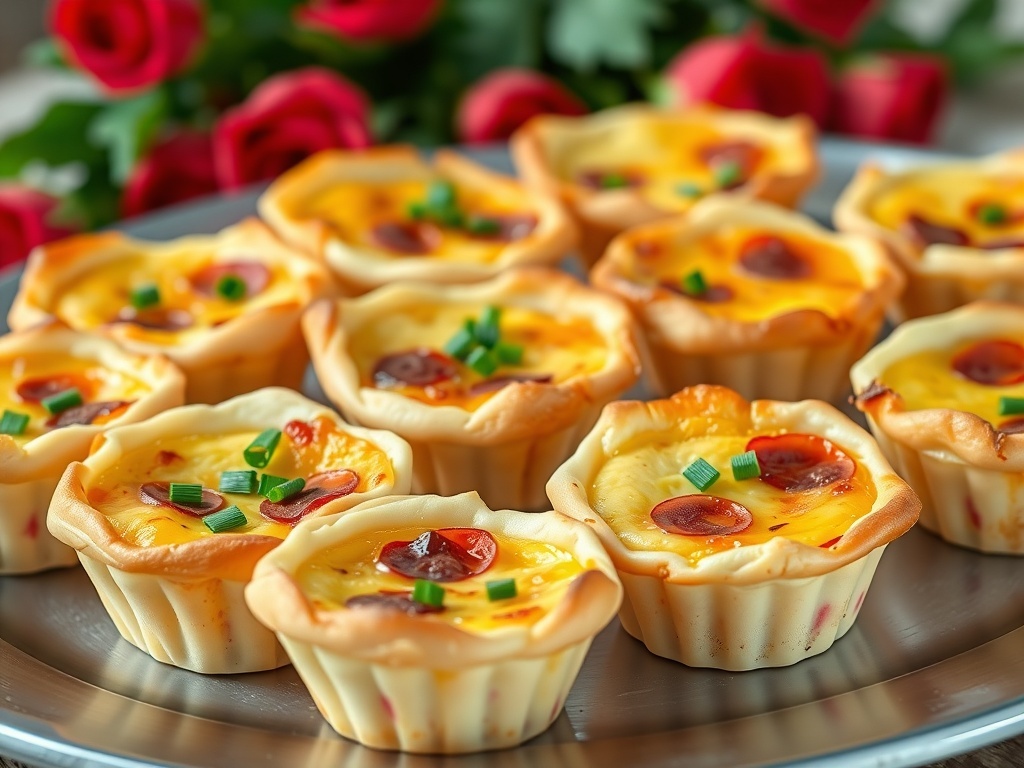 A plate of mini quiche Lorraine with a golden crust and green onions on top.