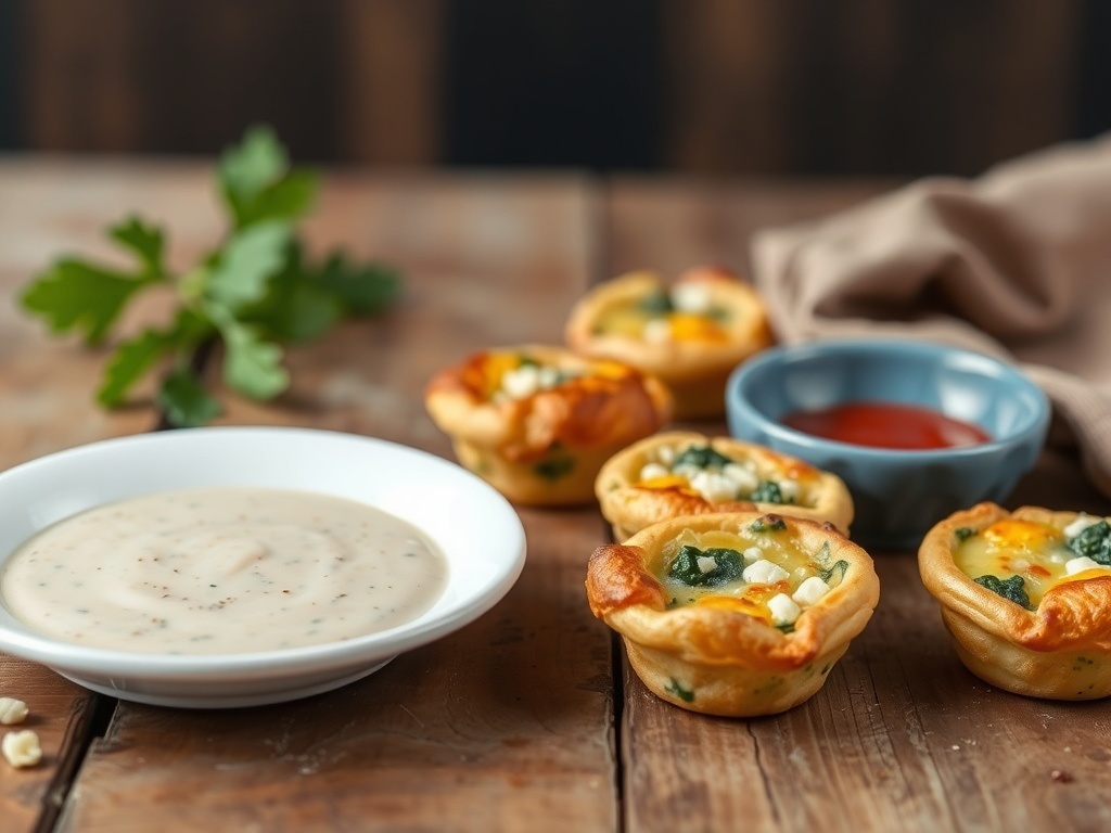 Mini spinach and feta puffs on a wooden table with dipping sauces.