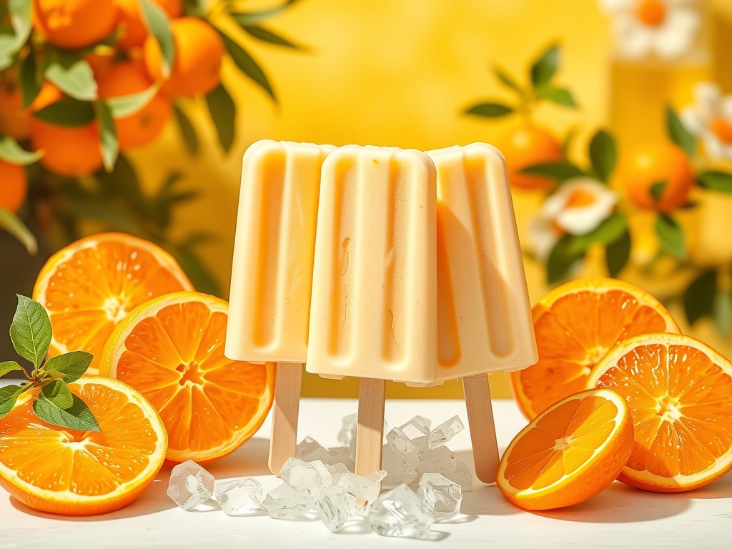 Three orange creamsicle popsicles surrounded by fresh orange slices and ice.