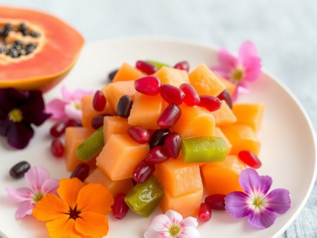 A vibrant fruit salad featuring papaya and pomegranate with colorful flowers.