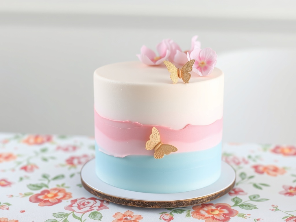 A pastel ombre cake with pink and blue layers, decorated with golden butterflies and pink flowers.
