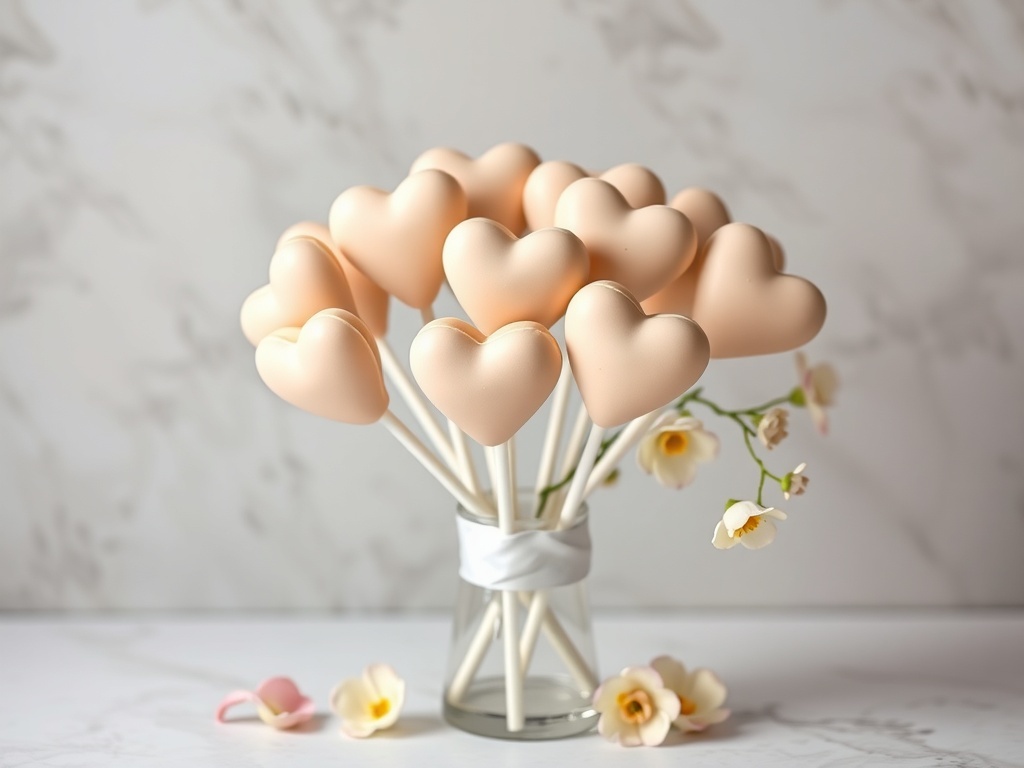 Peachy cream heart cake pops arranged in a vase