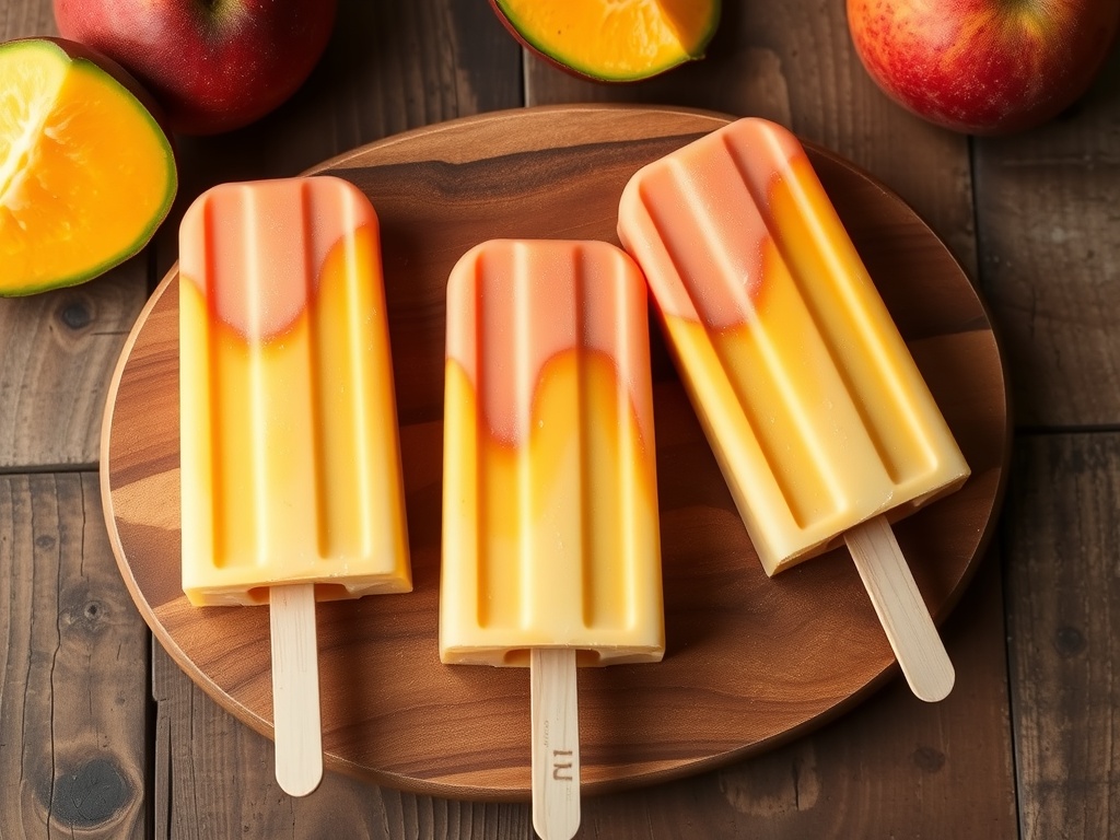 Three peachy mango swirl popsicles on a wooden plate with fresh fruit.