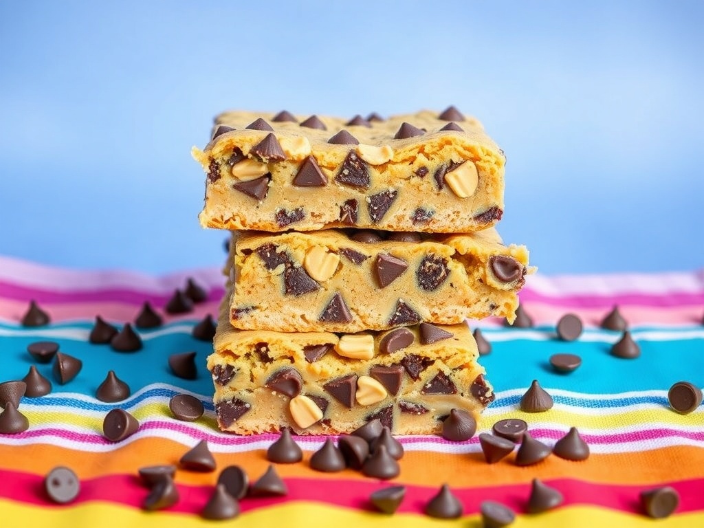 Peanut Butter Chocolate Chip Bars stacked on a colorful striped background