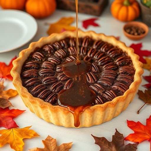 A pecan pie with a maple drizzle, surrounded by autumn leaves and pumpkins.