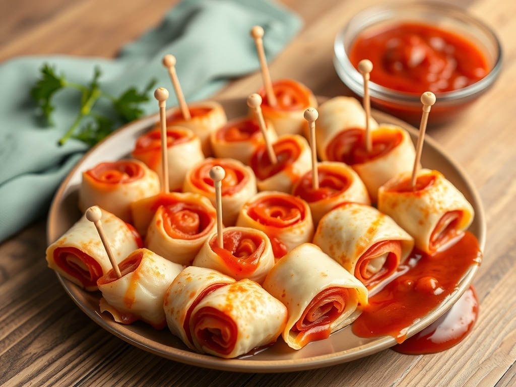 Plate of pepperoni and cheese roll-ups with dipping sauce