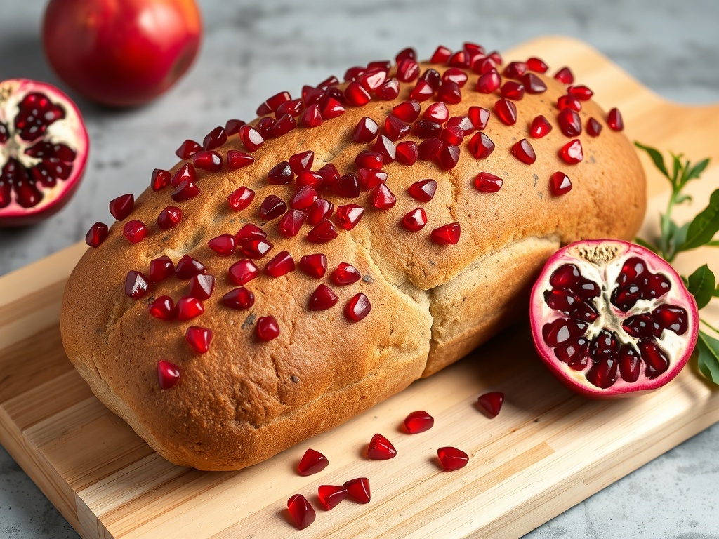 A pomegranate seed crusted sourdough loaf on a wooden board with pomegranate halves beside it.