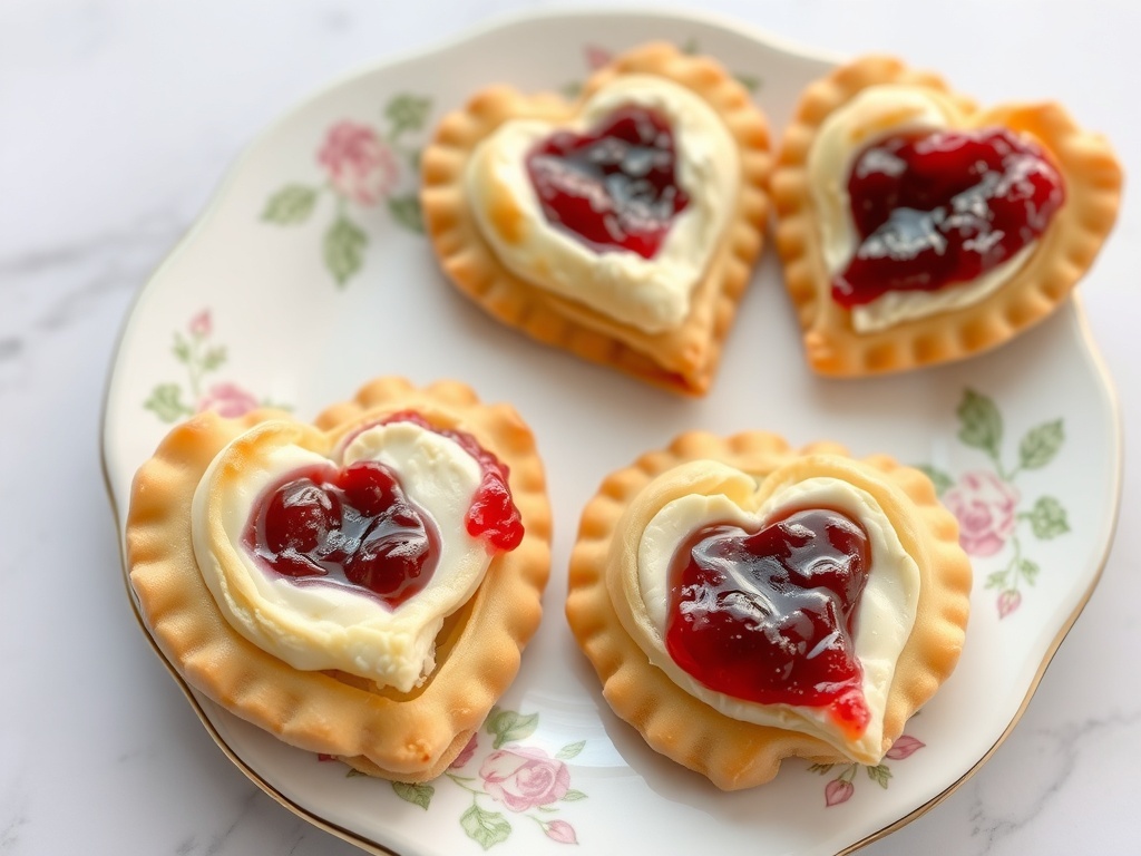 Puff pastry hearts filled with brie and jam on a decorative plate.