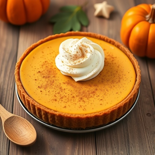 A delicious Pumpkin Spice Cheesecake Pie topped with whipped cream and cinnamon, surrounded by small pumpkins on a wooden table.