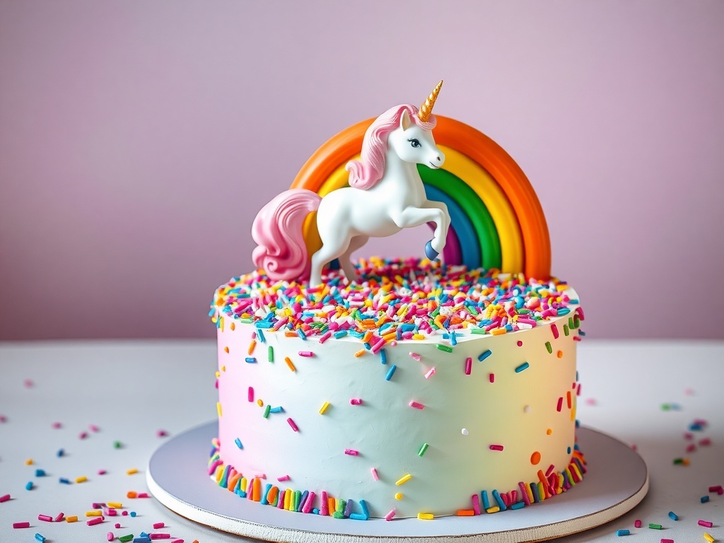 A colorful Rainbow Unicorn Cake with sprinkles and a unicorn topper