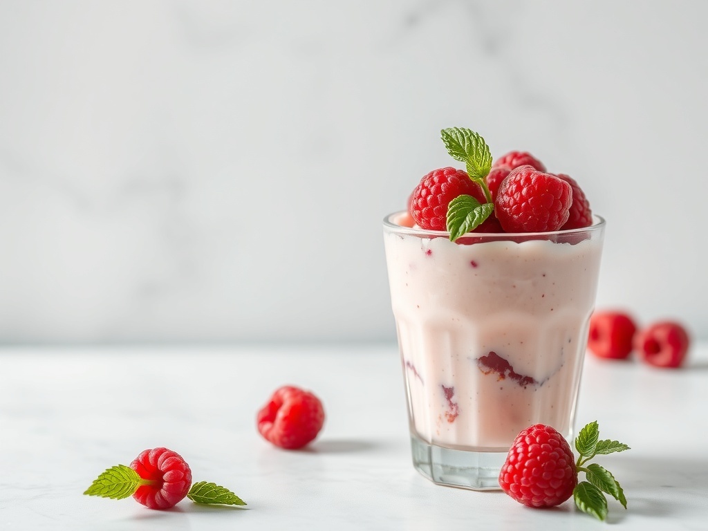 A glass of raspberry mousse topped with fresh raspberries and mint leaves.