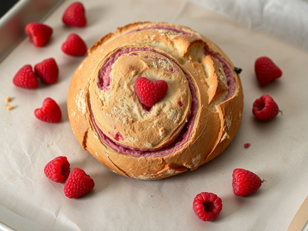 Raspberry Swirl Sourdough loaf with raspberries around it