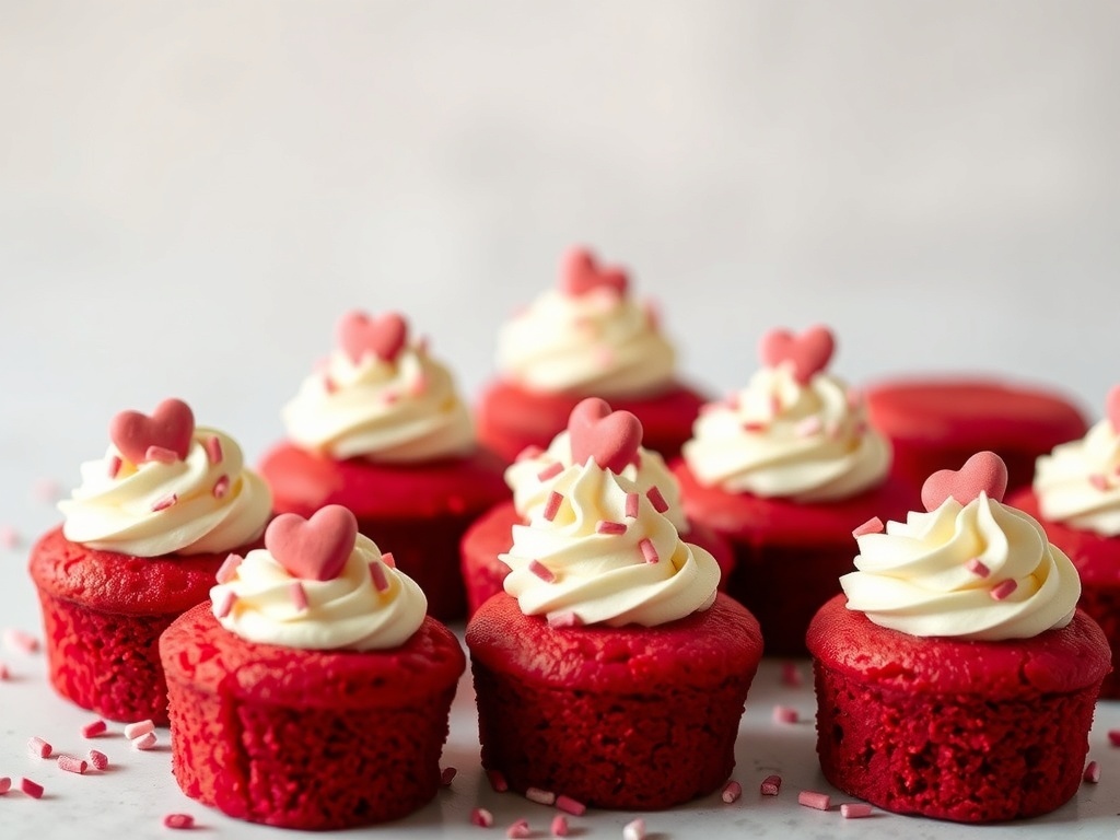 Delicious red velvet cake bites topped with frosting and heart-shaped decorations.