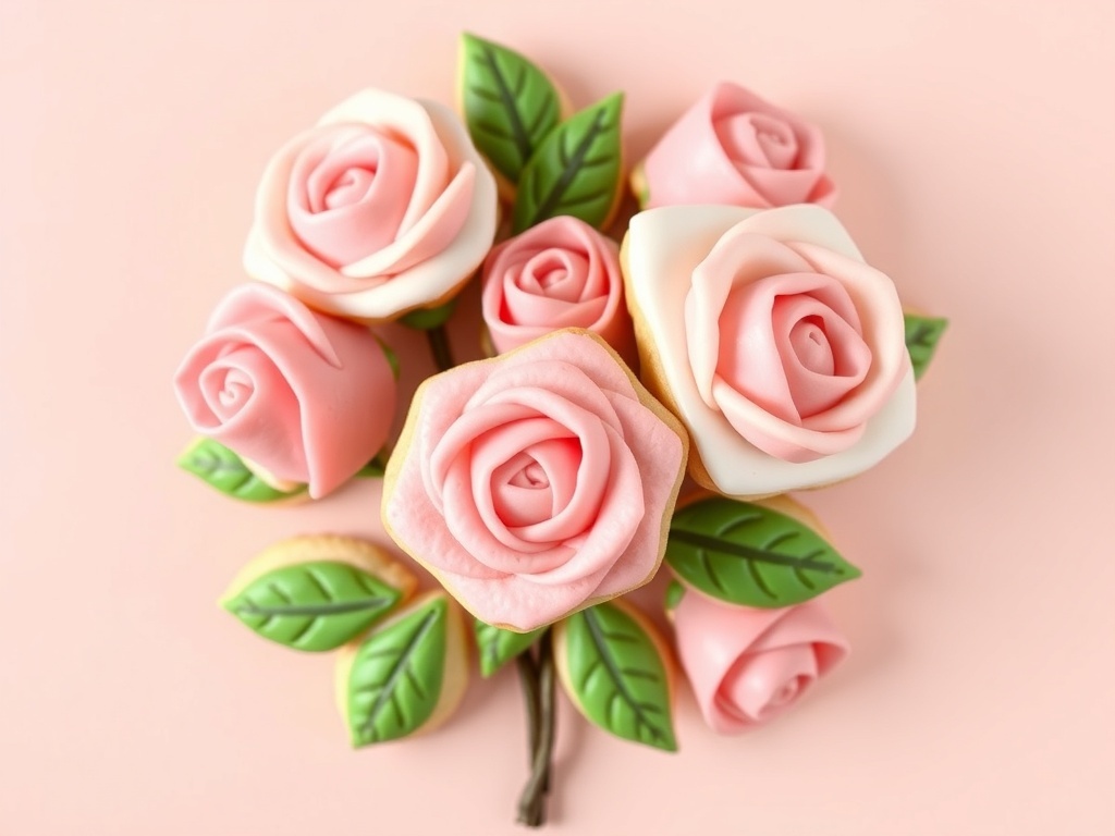 A collection of beautifully decorated rose cookies in pink and white icing with green leaves.