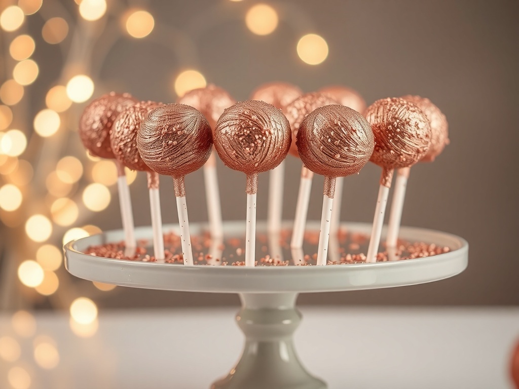 Rose gold glitter cake pops arranged on a cake stand with soft lighting in the background.