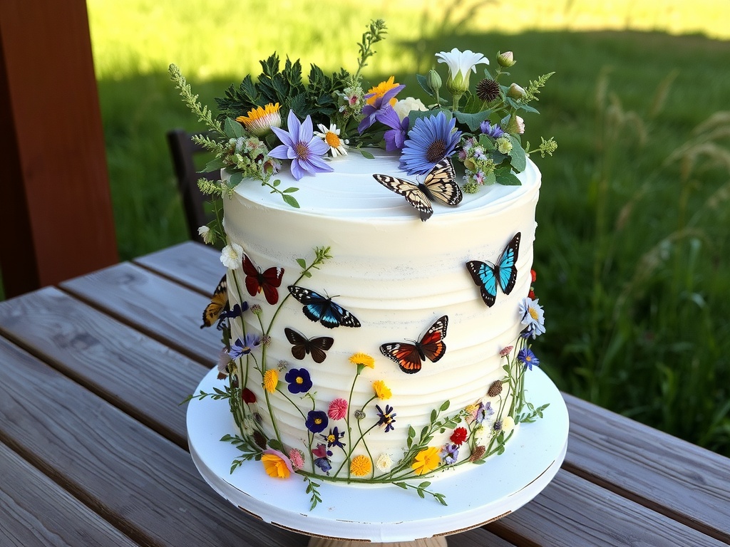 Rustic buttercream cake decorated with fresh flowers and butterflies