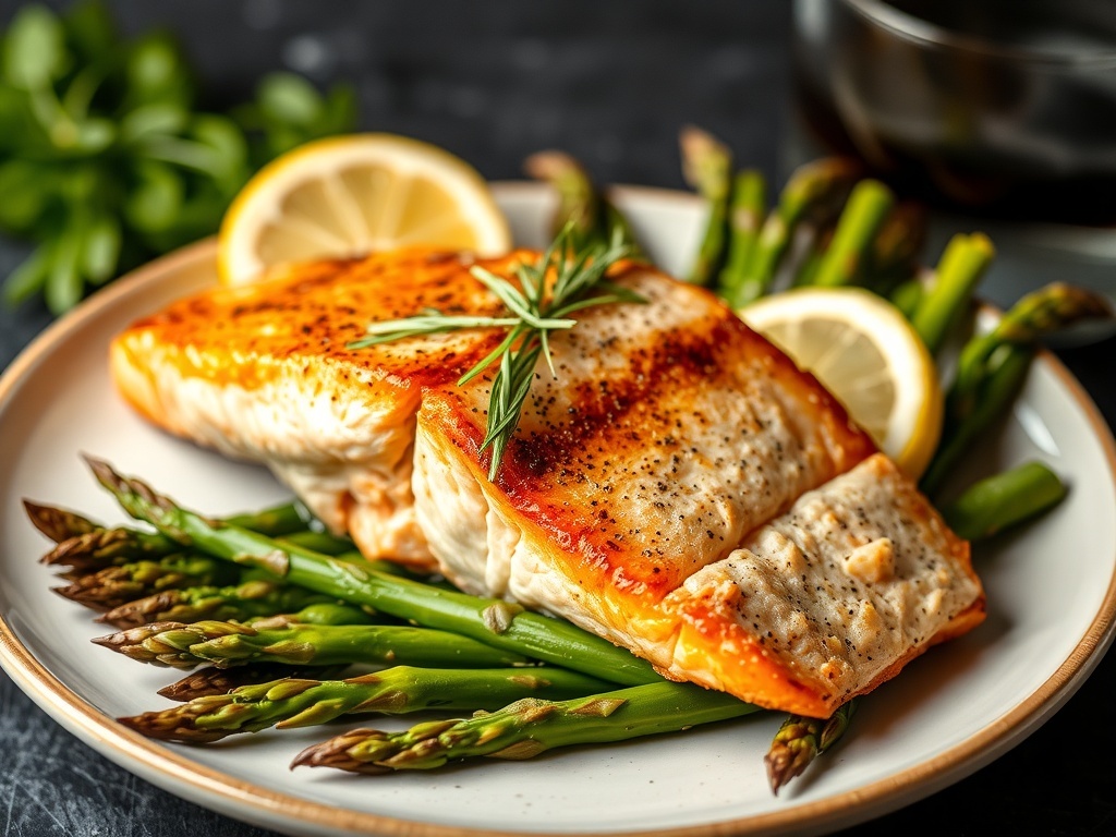 A plate of salmon fillet with asparagus and lemon slices