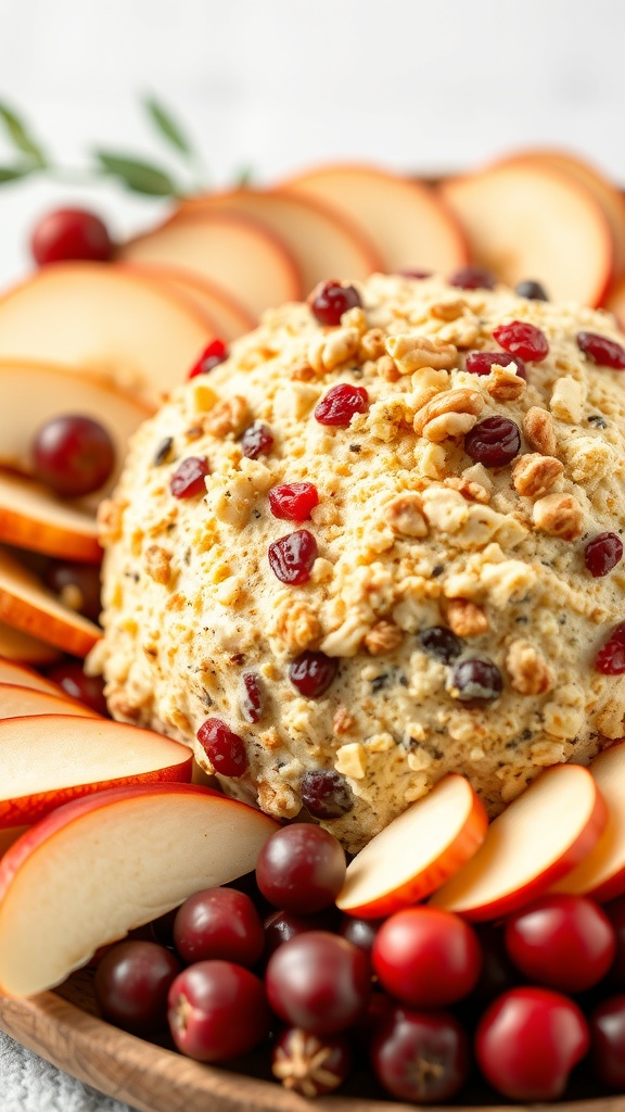 A festive cheeseball made with sharp cheddar cheese and cranberries, surrounded by apple slices and fresh cranberries.